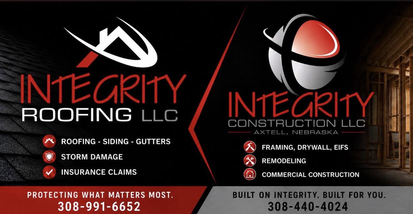 Integrity Roofing LLC — roofing, siding, gutters, storm damage, insurance claims — and Integrity Construction LLC, Axtell Nebraska — framing, drywall, EIFS, remodeling, commercial construction